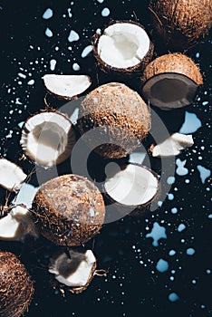 top view of coconuts and fresh tasty coconut milk